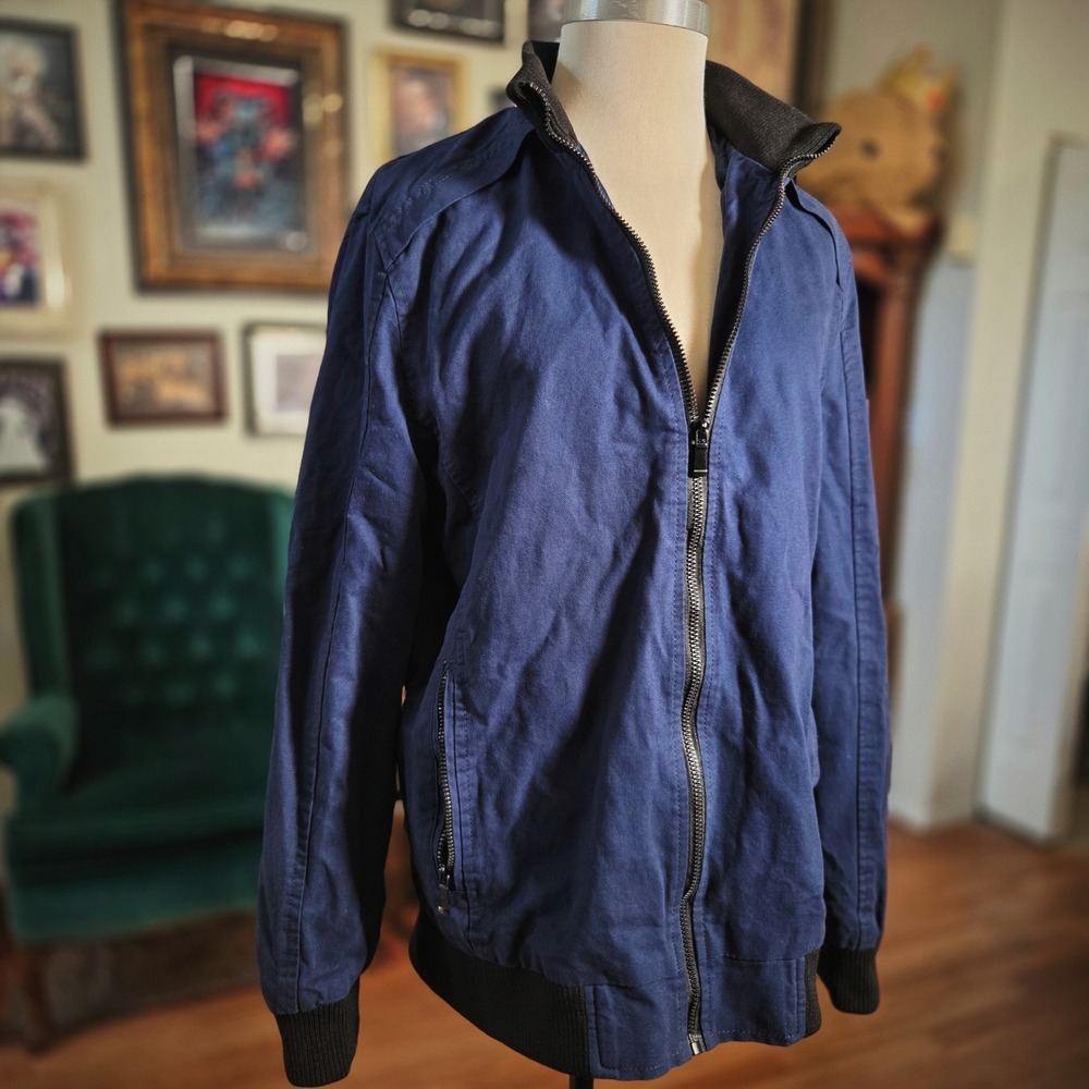 Fashion Men Navy Blue Cotton Twill Bomber Jacket‎ Full Zip Epaulets 3XL